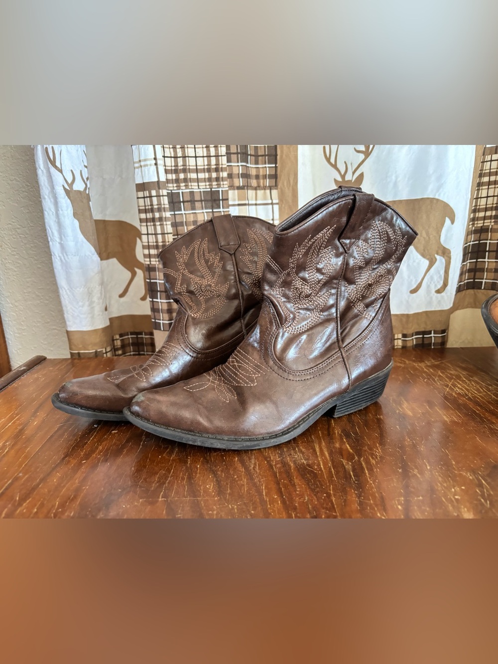 Rampage Brown Leather Western Ankle Boots - Embroidered Booties